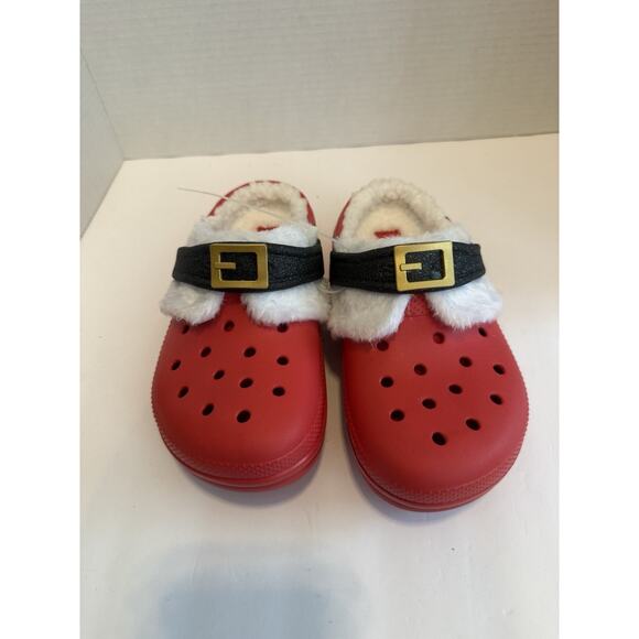 Crocs Classic Lined Santa Clog Kids Size J2 Red Faux Fur Cozy Holiday - Picture 2 of 8